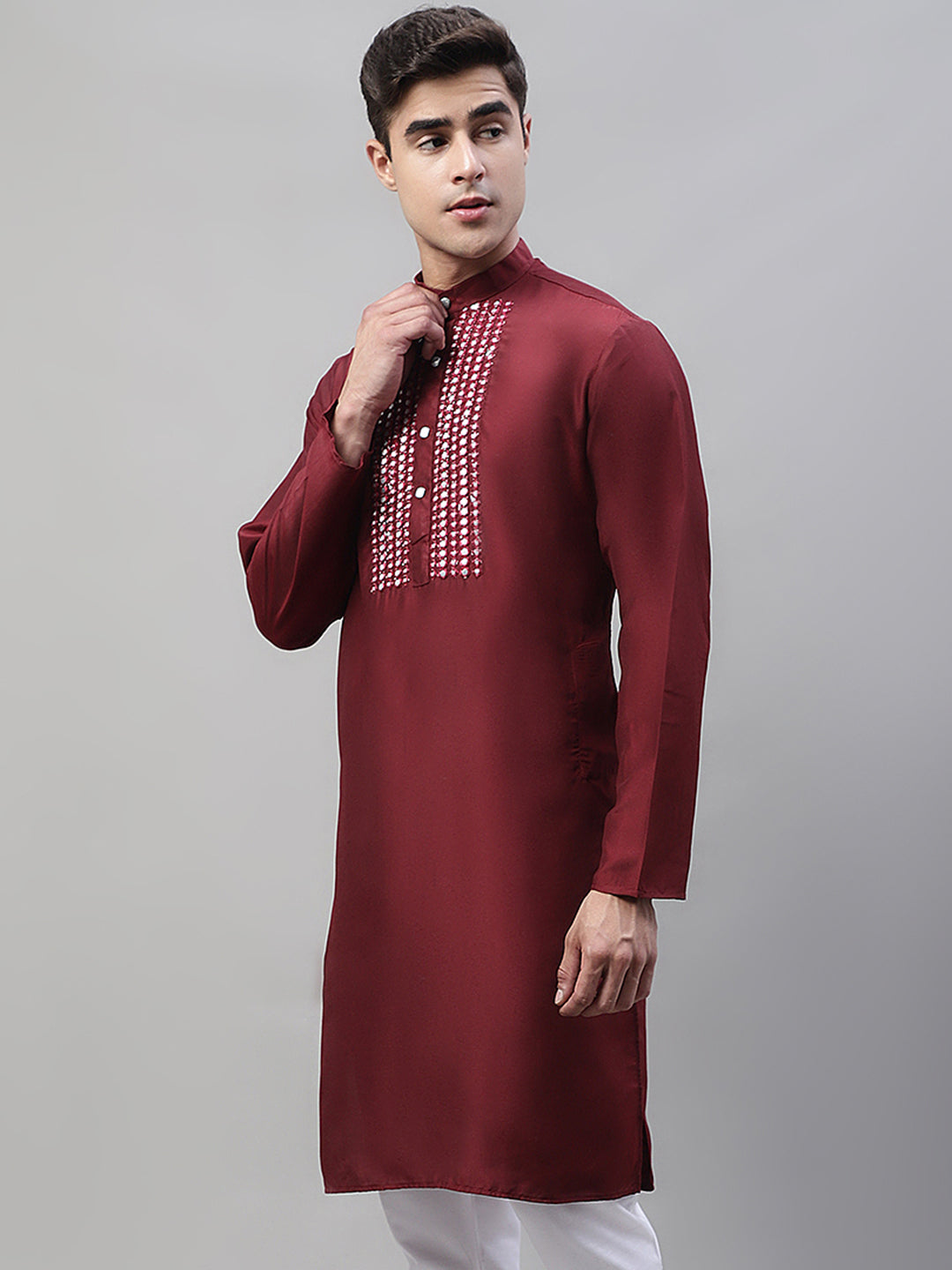 Men's Maroon Cotton Silk Mirror Work Kurtas