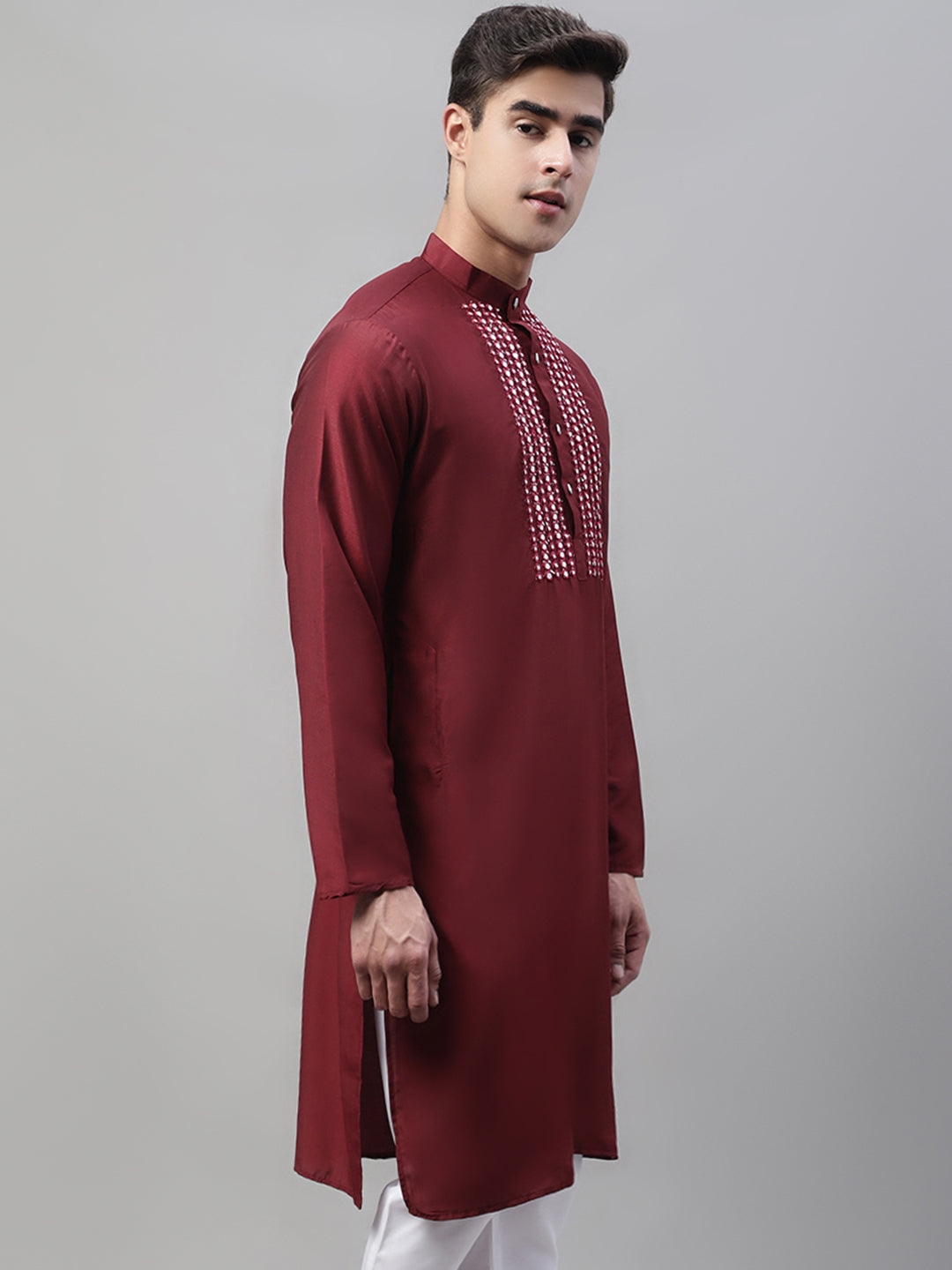 Men's Maroon Cotton Silk Mirror Work Kurtas