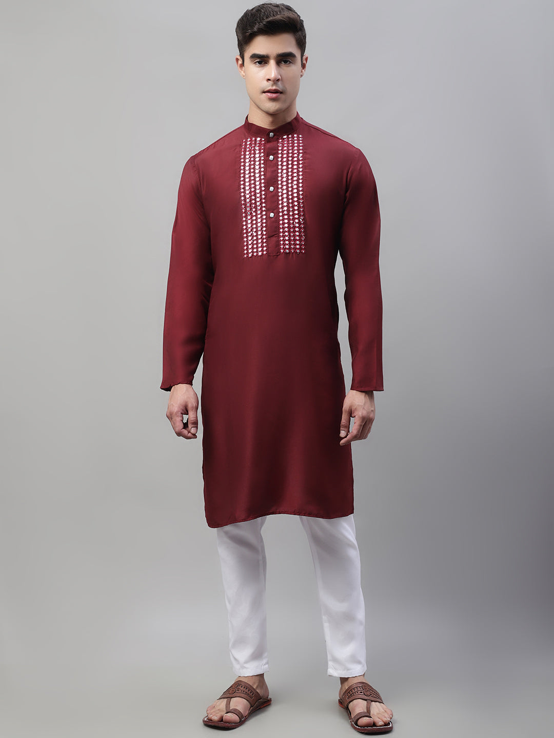 Men's Maroon Cotton Silk Mirror Work Kurtas