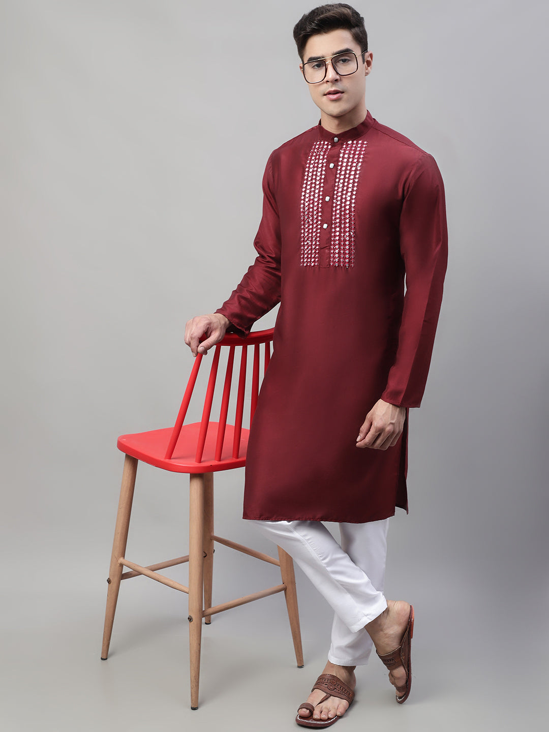 Men's Maroon Cotton Silk Mirror Work Kurtas