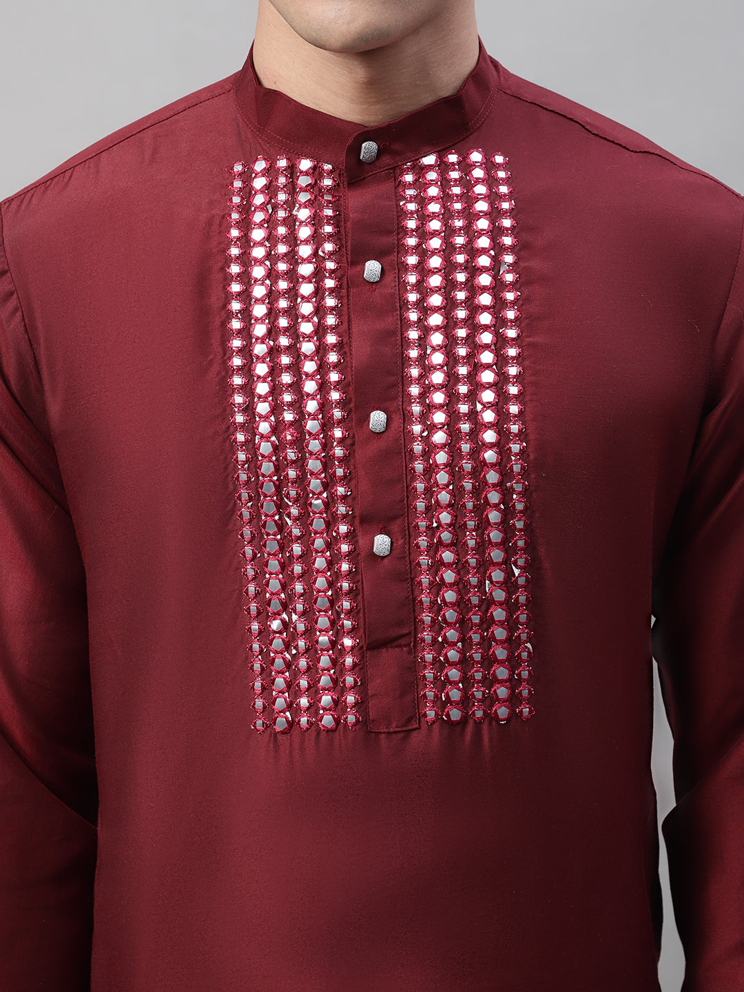 Men's Maroon Cotton Silk Mirror Work Kurtas