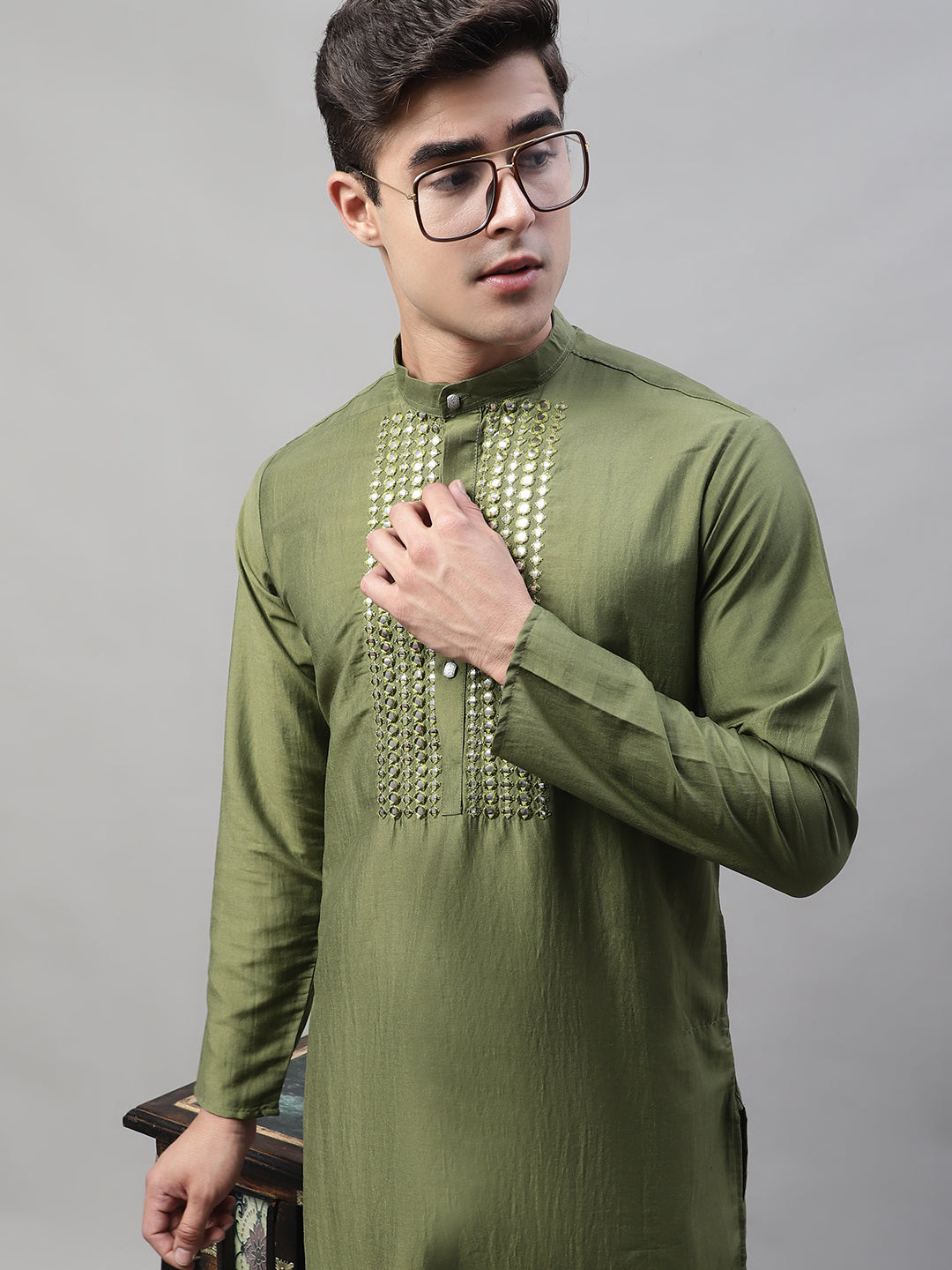 Men's Olive Green Cotton Silk Mirror Work Kurtas