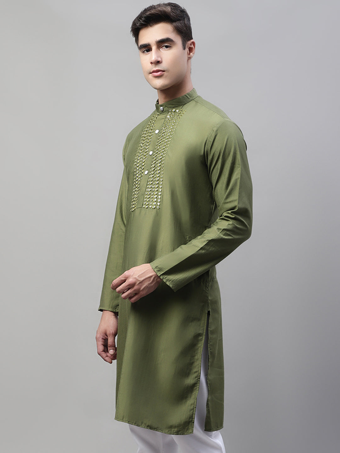 Men's Olive Green Cotton Silk Mirror Work Kurtas