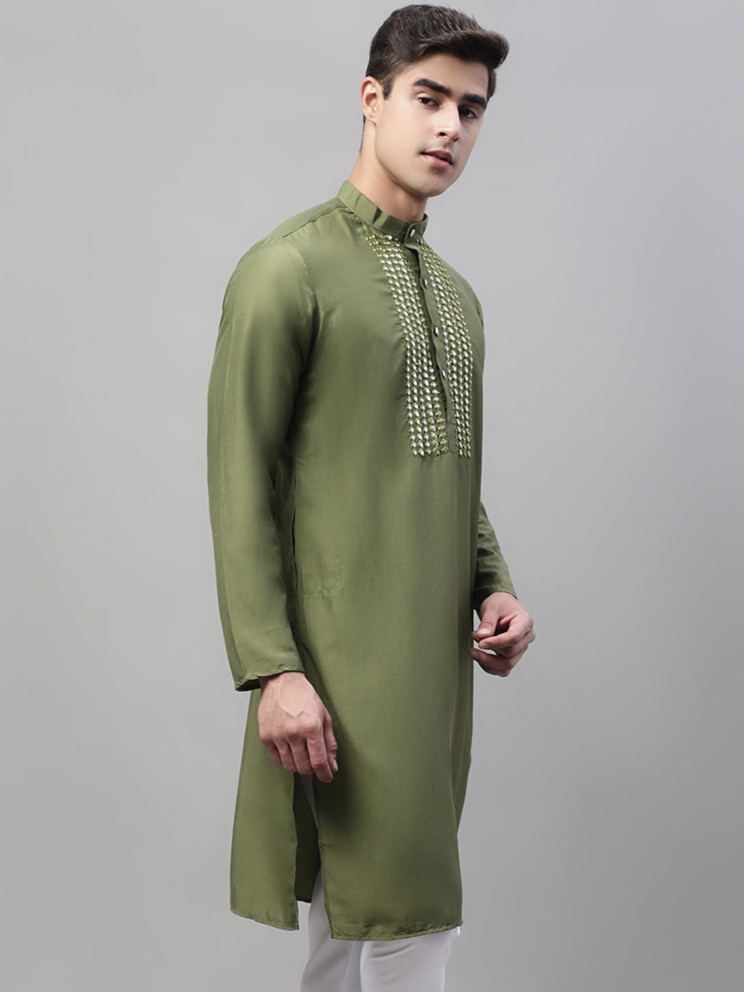 Men's Olive Green Cotton Silk Mirror Work Kurtas