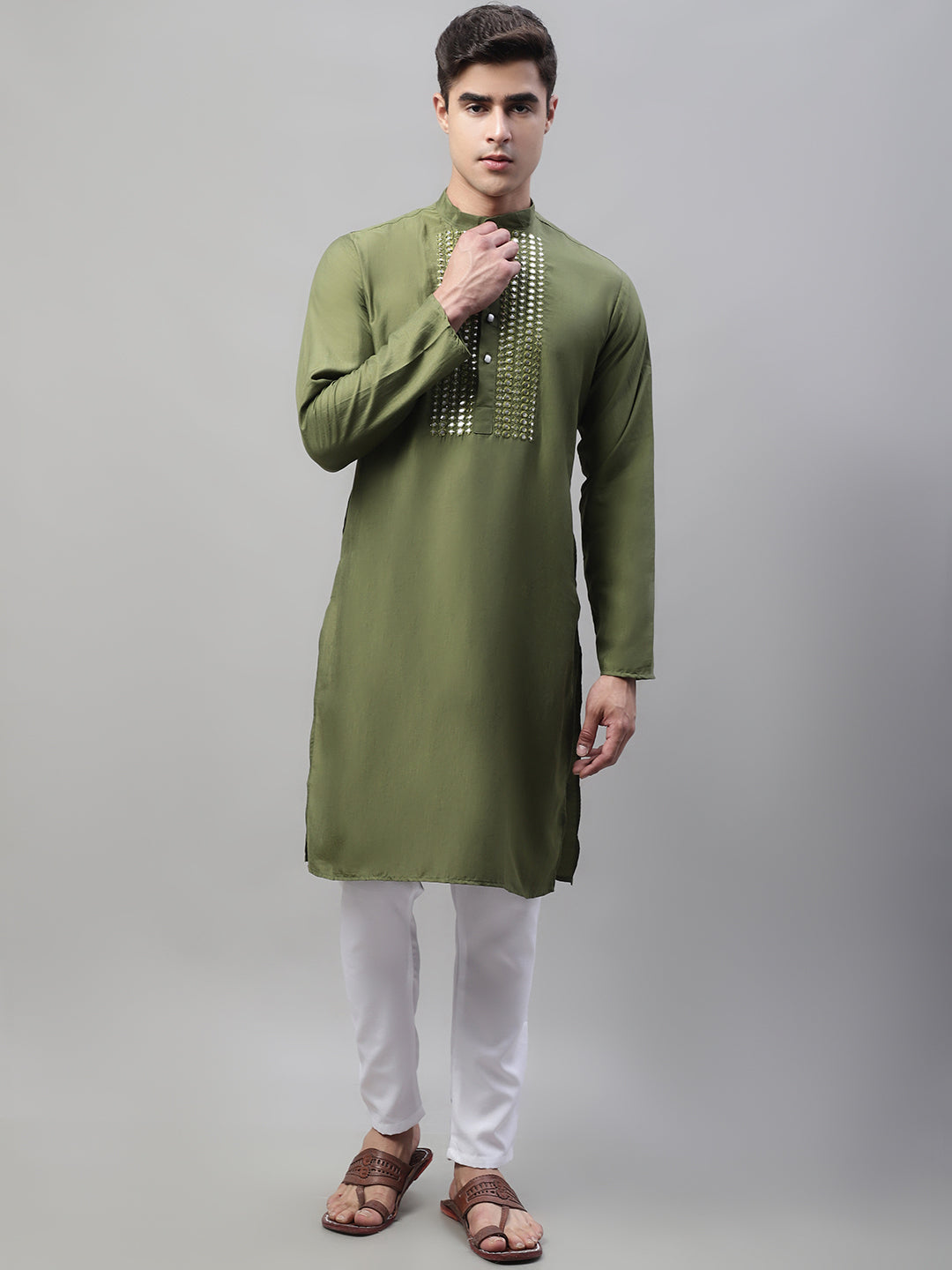 Men's Olive Green Cotton Silk Mirror Work Kurtas