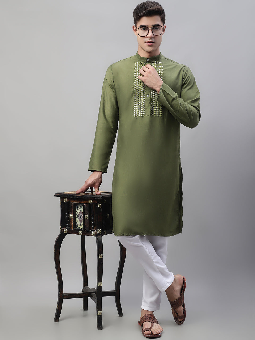 Men's Olive Green Cotton Silk Mirror Work Kurtas