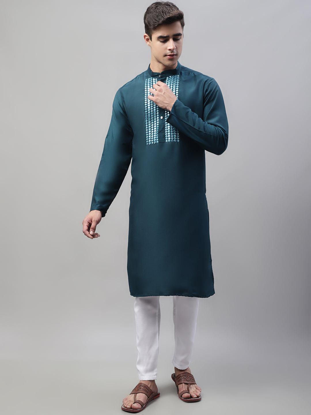 Men's Teal Blue Cotton Silk Mirror Work Kurtas