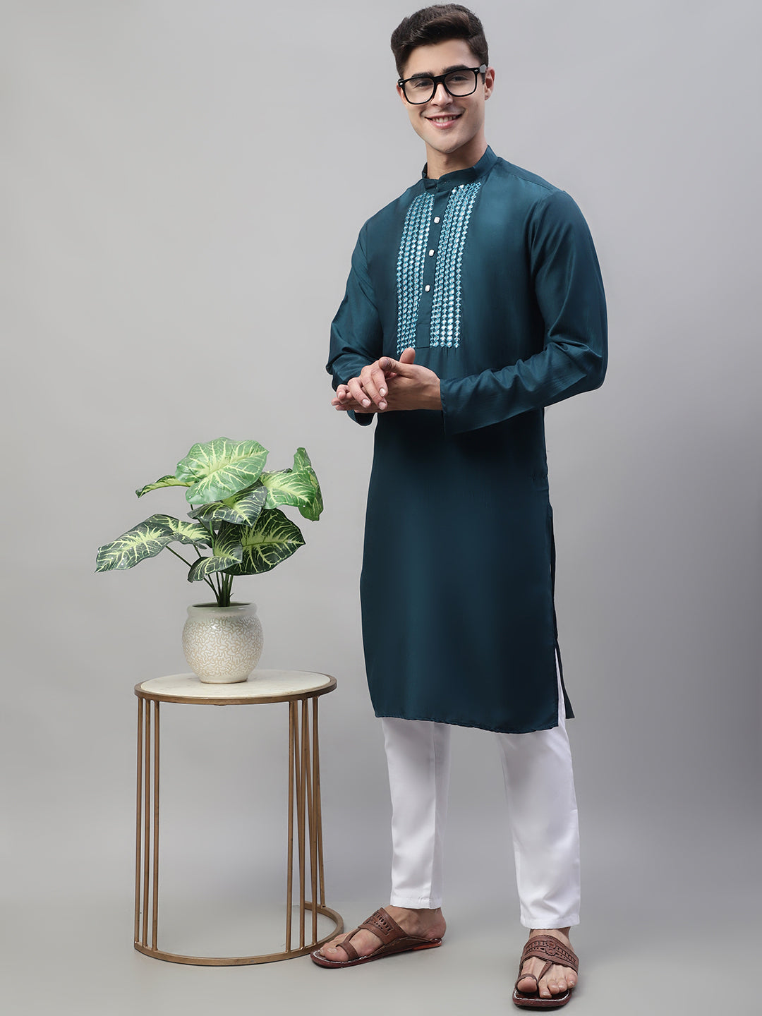 Men's Teal Blue Cotton Silk Mirror Work Kurtas