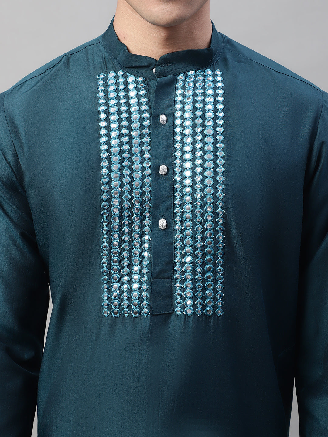 Men's Teal Blue Cotton Silk Mirror Work Kurtas