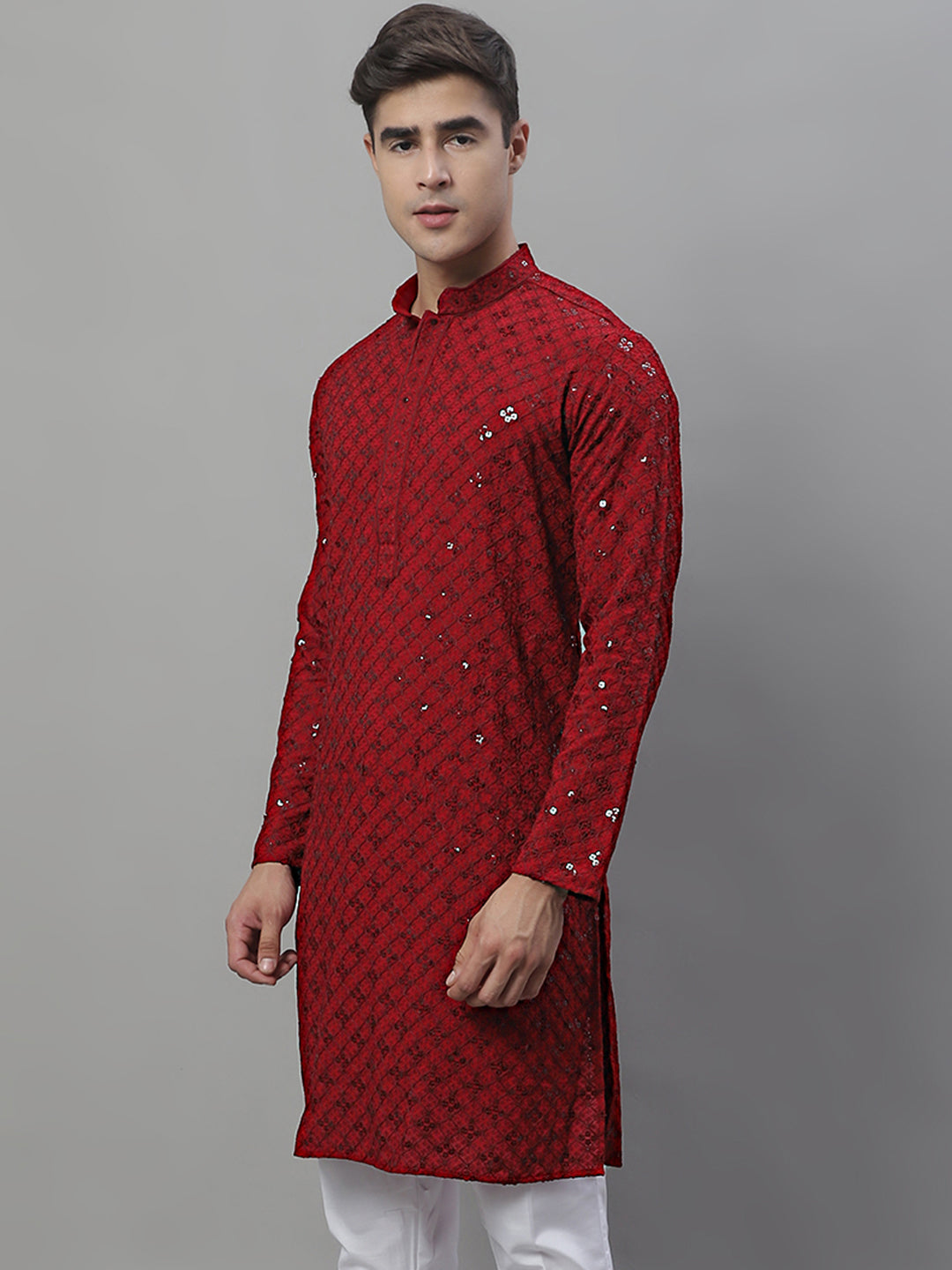 Men's Maroon Chikankari Embroidered and Sequence Kurtas