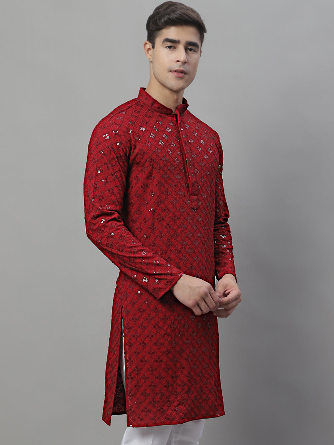 Men's Maroon Chikankari Embroidered and Sequence Kurtas