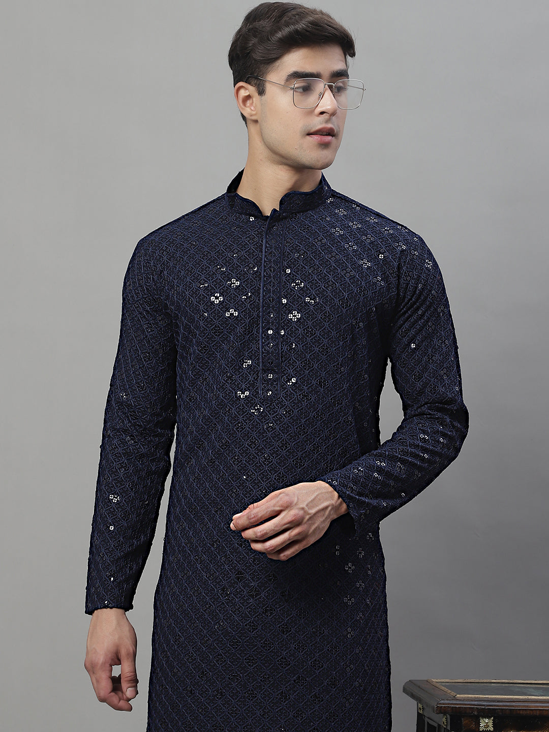 Men's Navy Blue Chikankari Embroidered and Sequence Kurtas