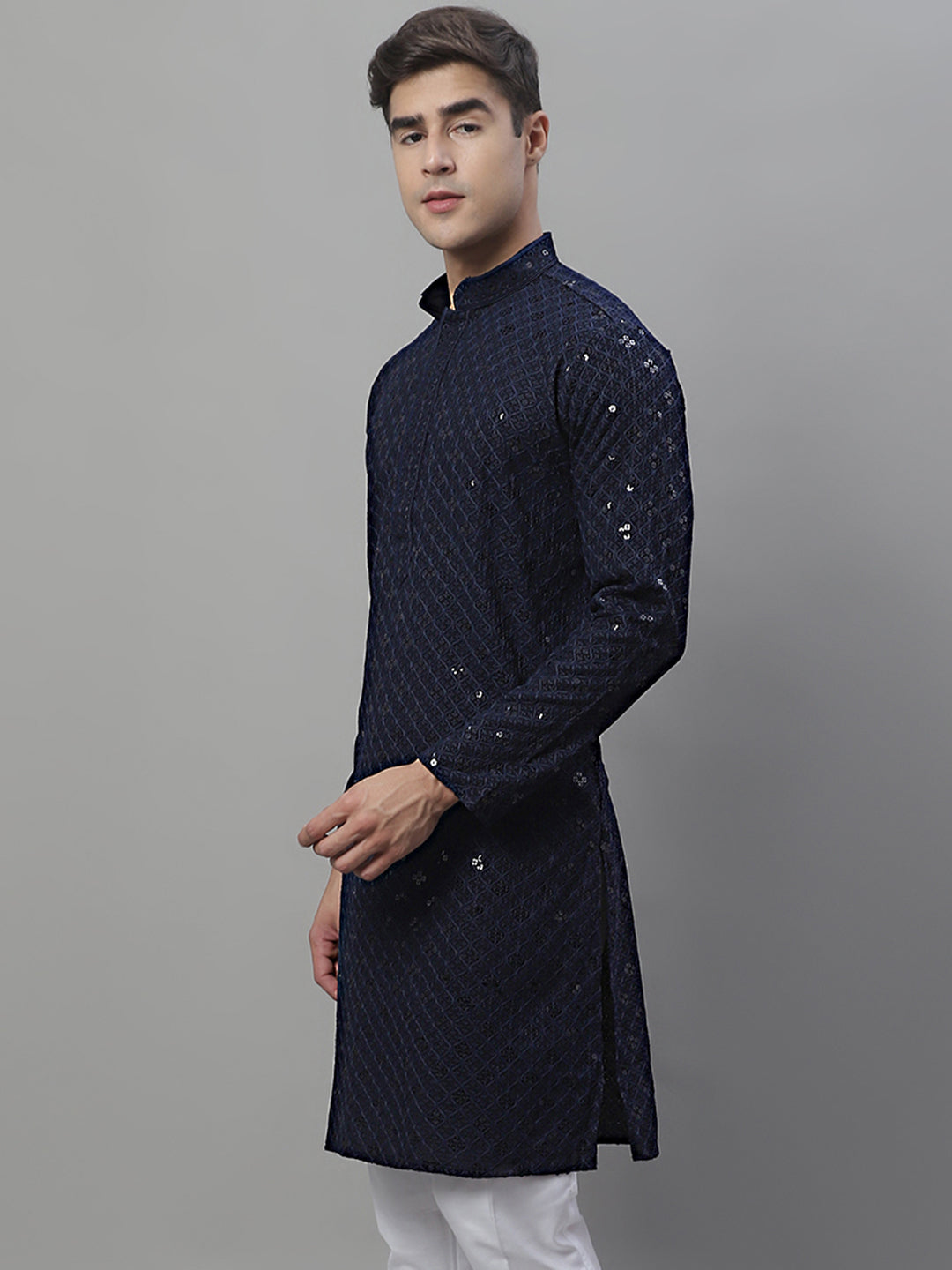 Men's Navy Blue Chikankari Embroidered and Sequence Kurtas