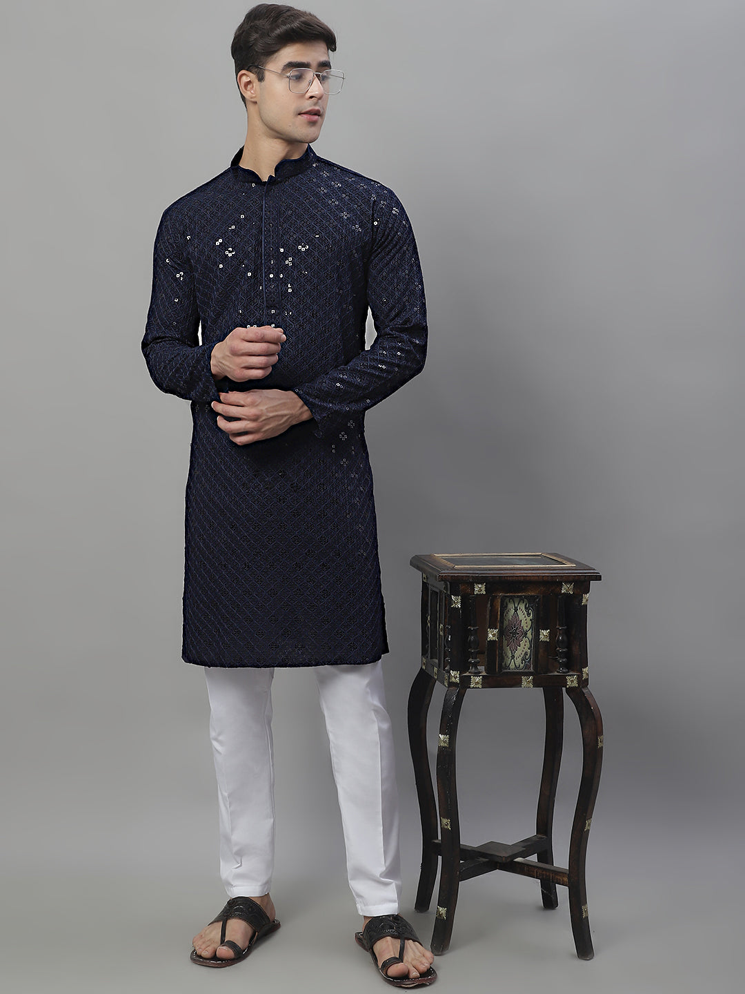 Men's Navy Blue Chikankari Embroidered and Sequence Kurtas