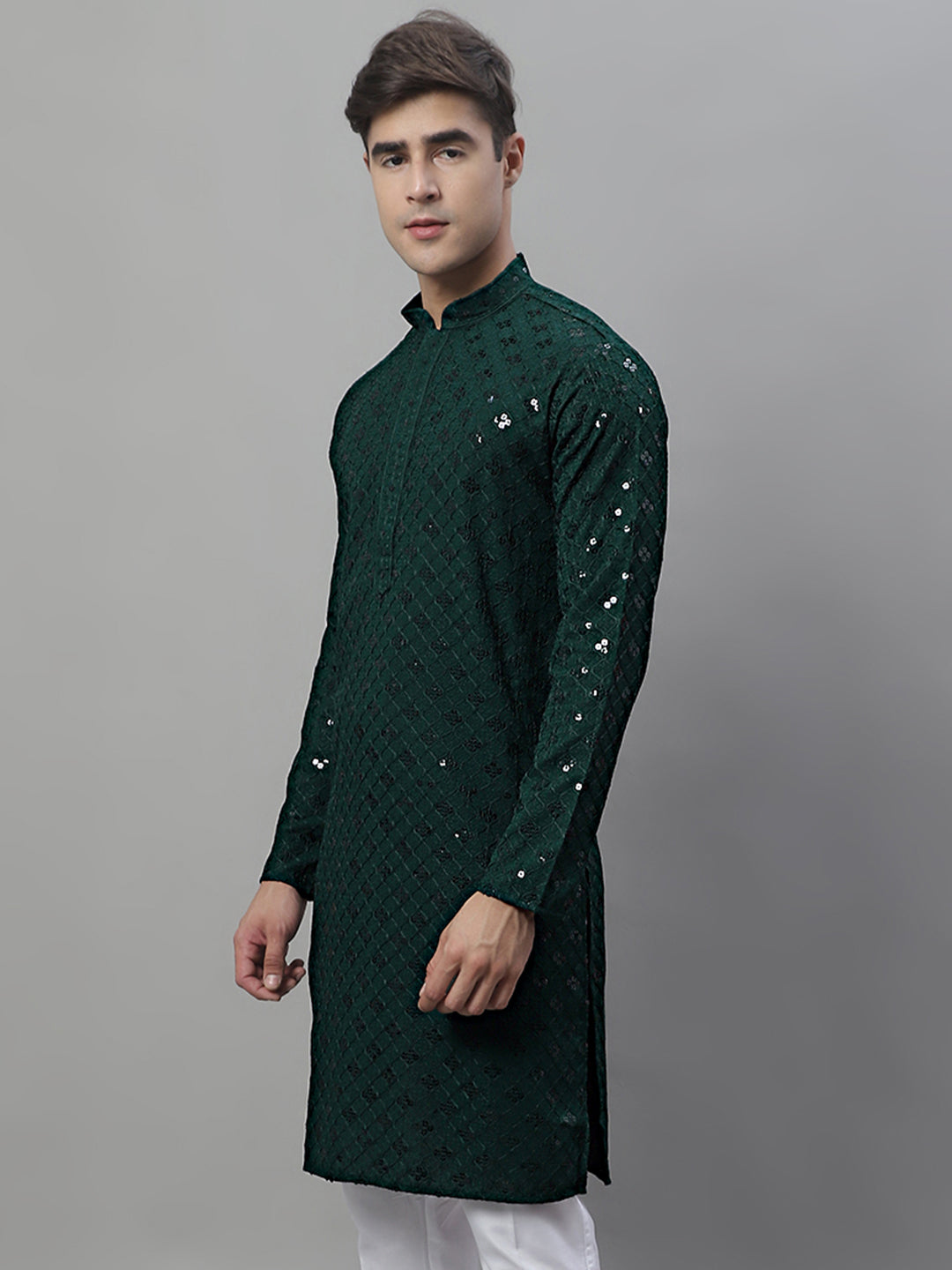 Men's Olive Green Chikankari Embroidered and Sequence Kurtas