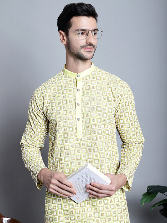 Men's Yellow Embroidered Kurta Only