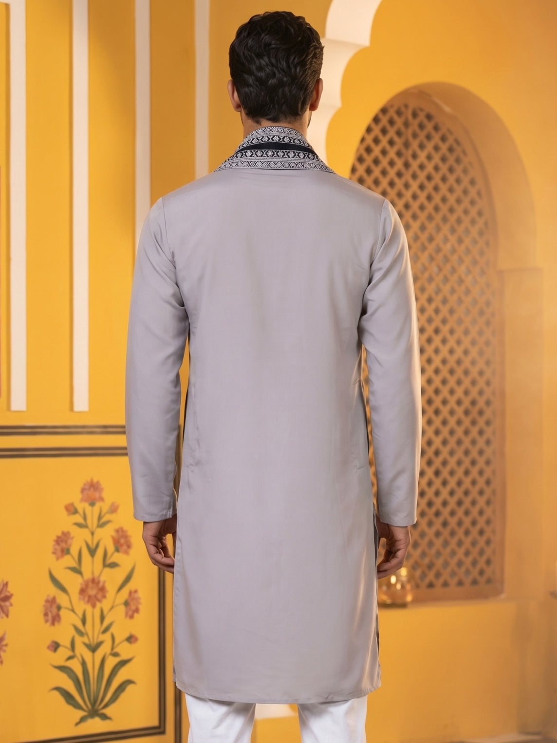 Embroidered Silk Blend Kurta and Dupatta for Men ( KO D 5077Grey )