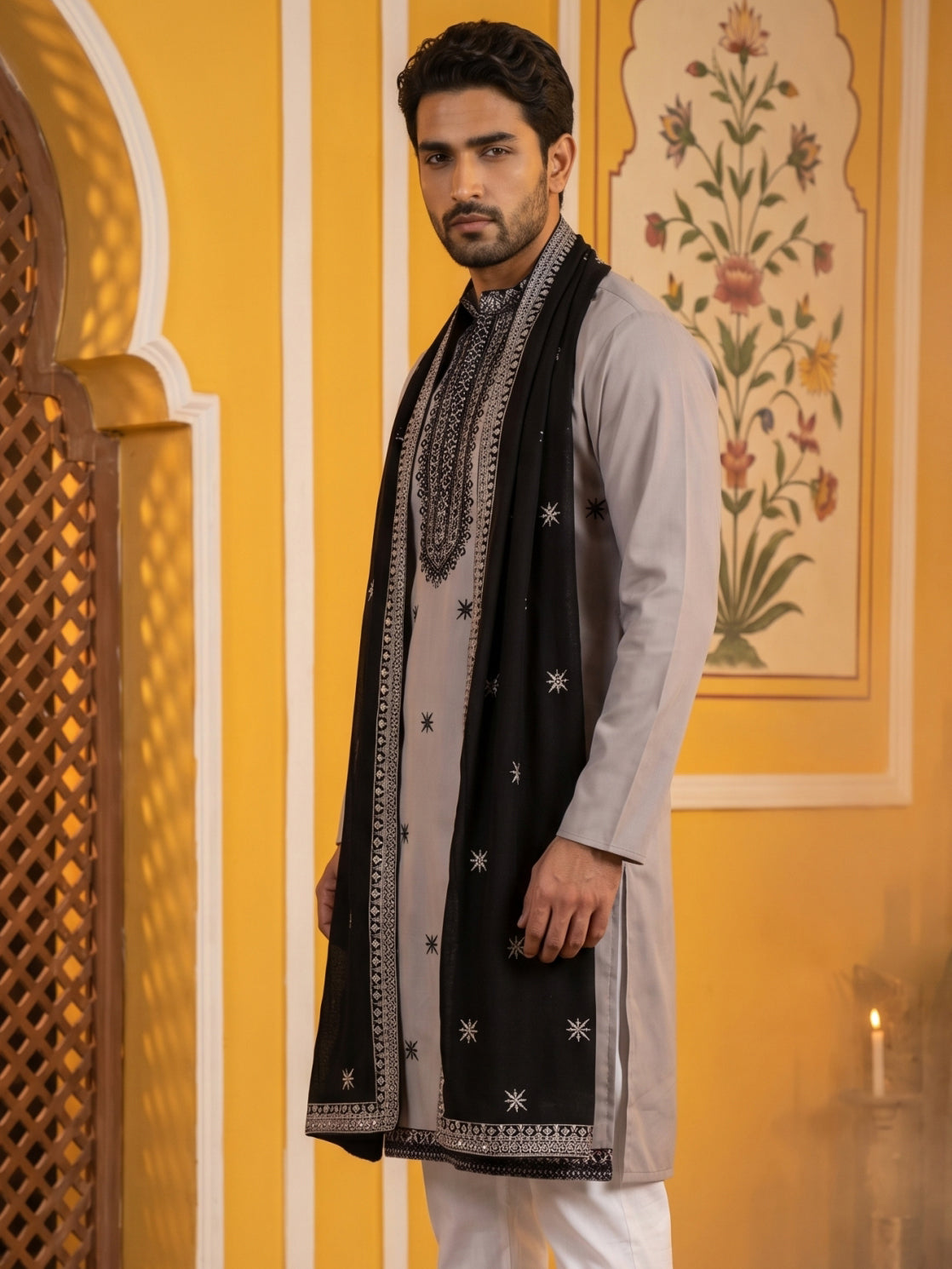 Embroidered Silk Blend Kurta and Dupatta for Men ( KO D 5077Grey )