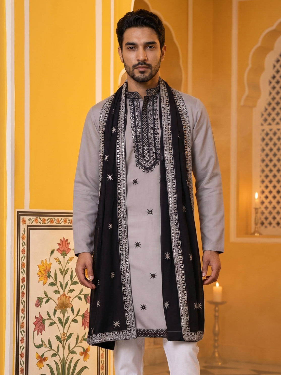 Embroidered Silk Blend Kurta and Dupatta for Men ( KO D 5077Grey )