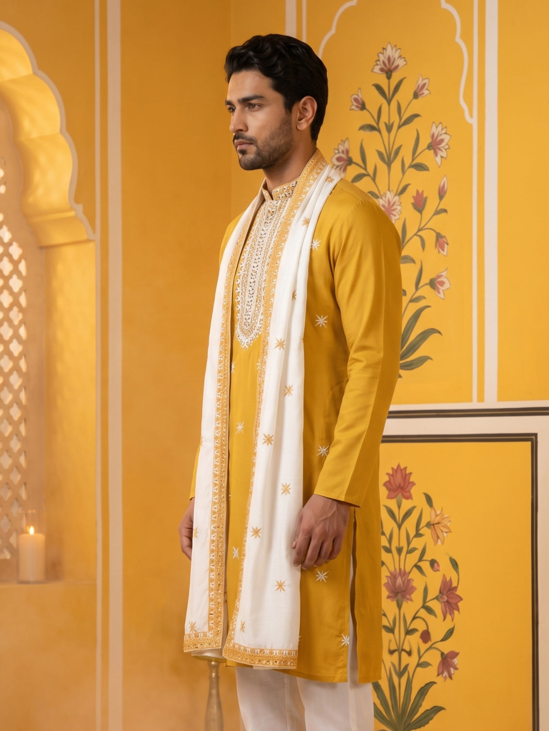 Embroidered Silk Blend Kurta and Dupatta for Men ( KO D 5077Mustard )