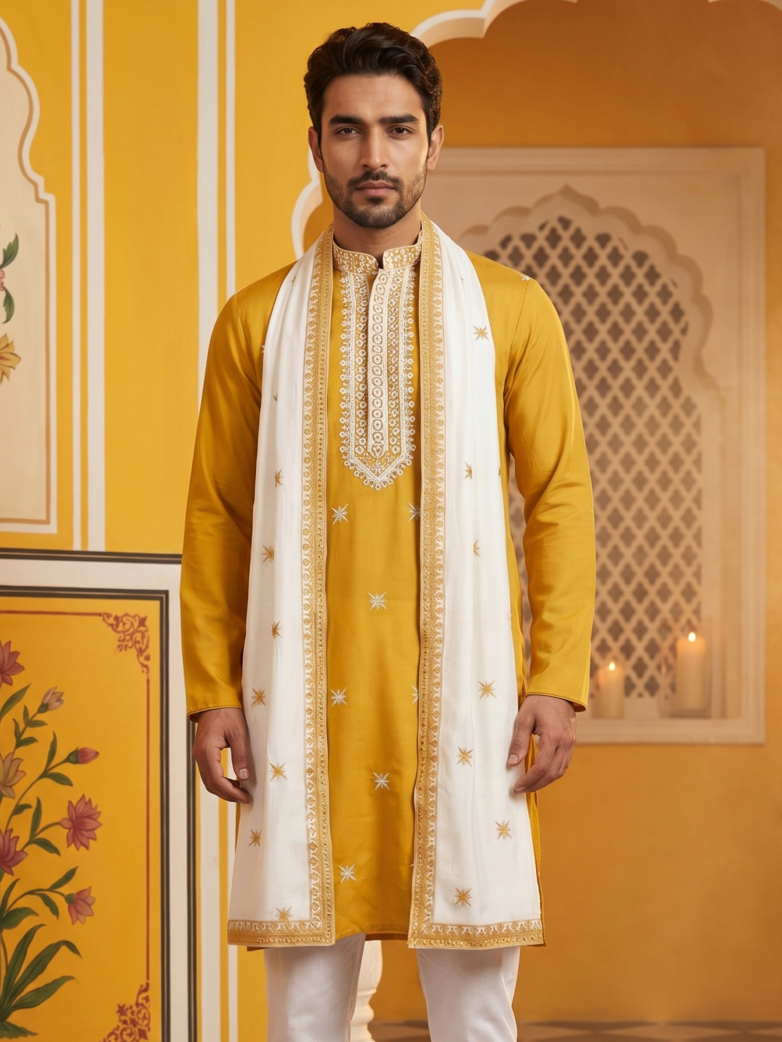 Embroidered Silk Blend Kurta and Dupatta for Men ( KO D 5077Mustard )