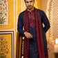 Embroidered Silk Blend Kurta and Dupatta for Men ( KO D 5077Navy )