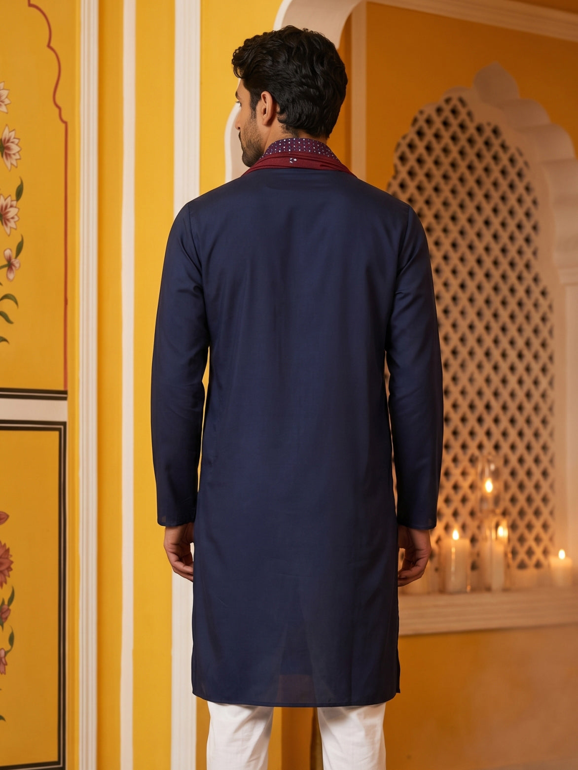 Embroidered Silk Blend Kurta and Dupatta for Men ( KO D 5077Navy )