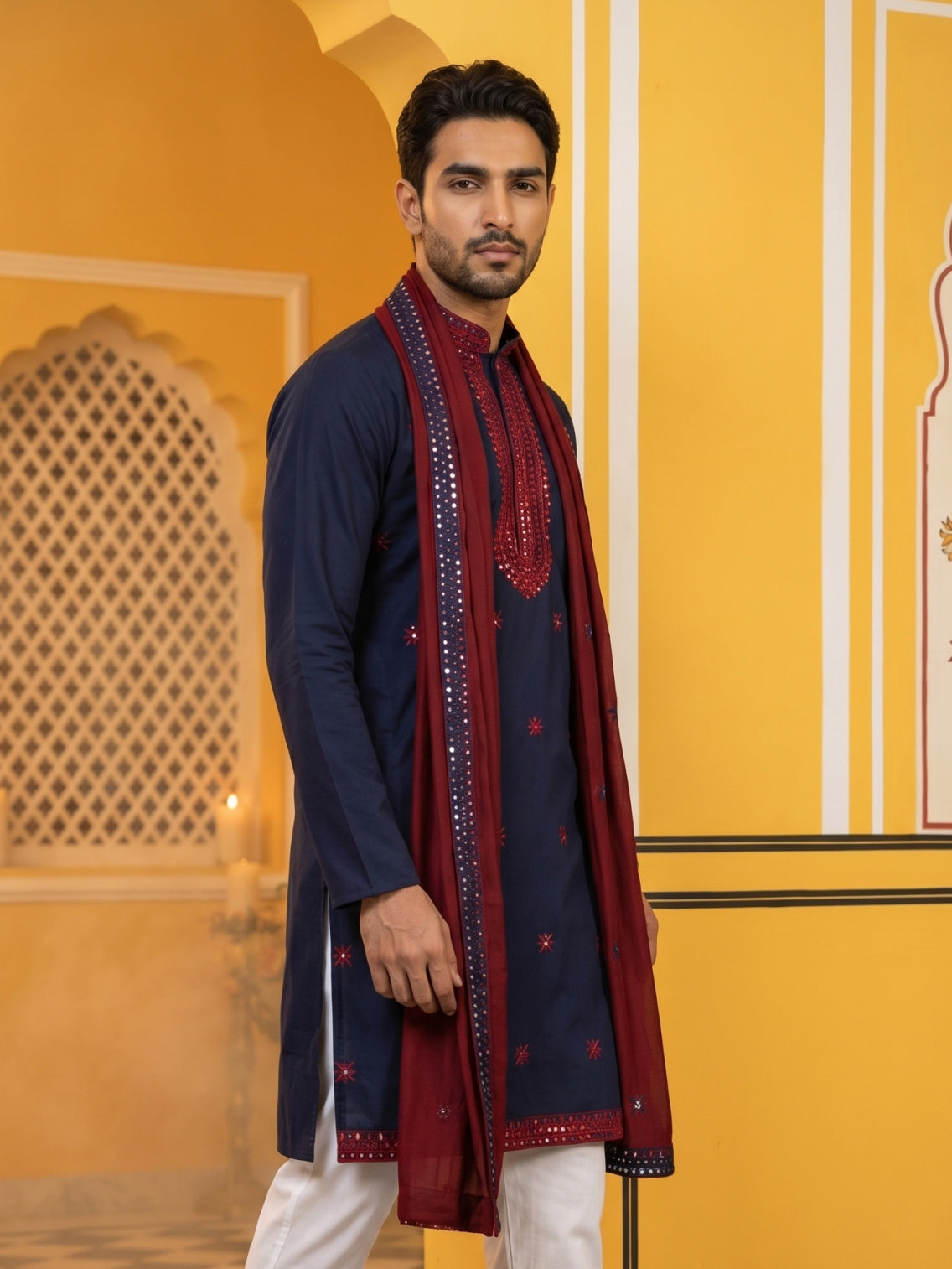 Embroidered Silk Blend Kurta and Dupatta for Men ( KO D 5077Navy )