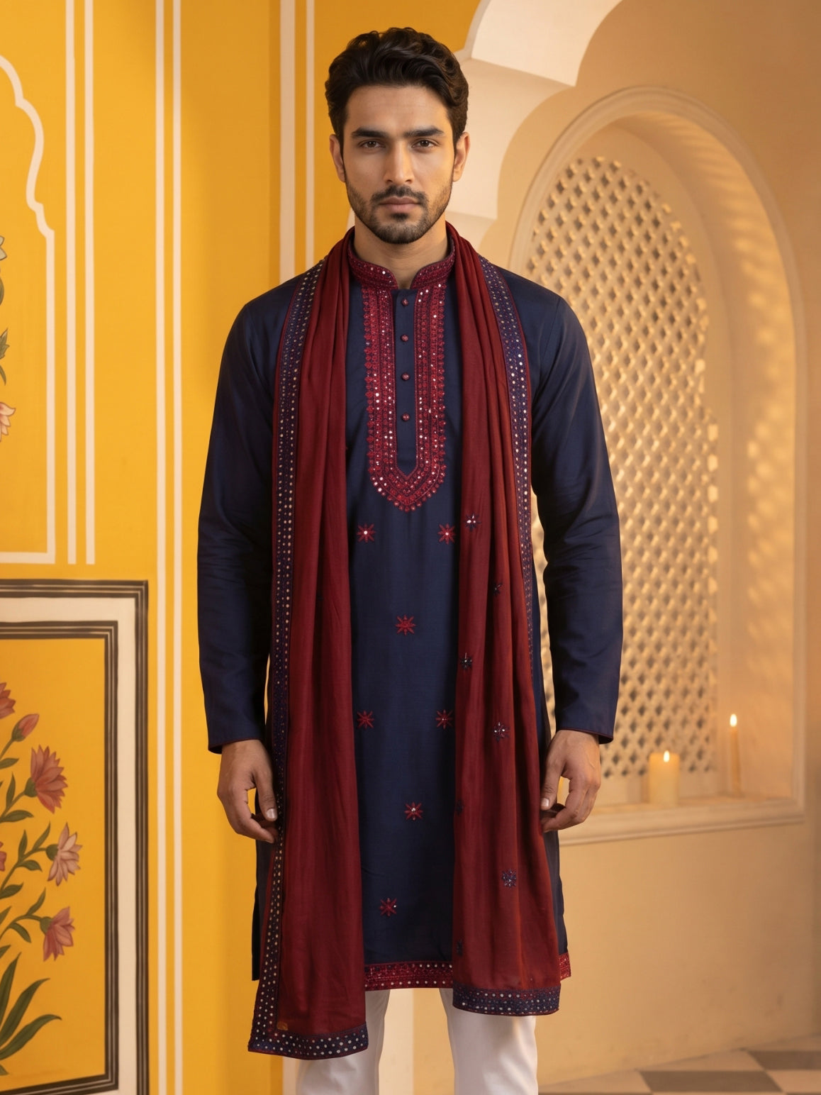 Embroidered Silk Blend Kurta and Dupatta for Men ( KO D 5077Navy )