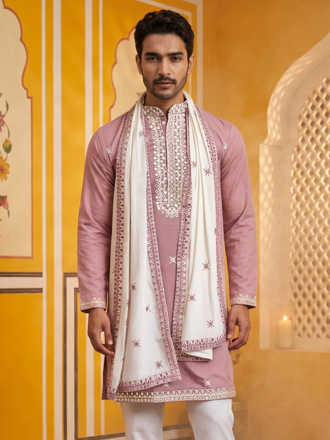 Embroidered Silk Blend Kurta and Dupatta for Men ( KO D 5077Purple )