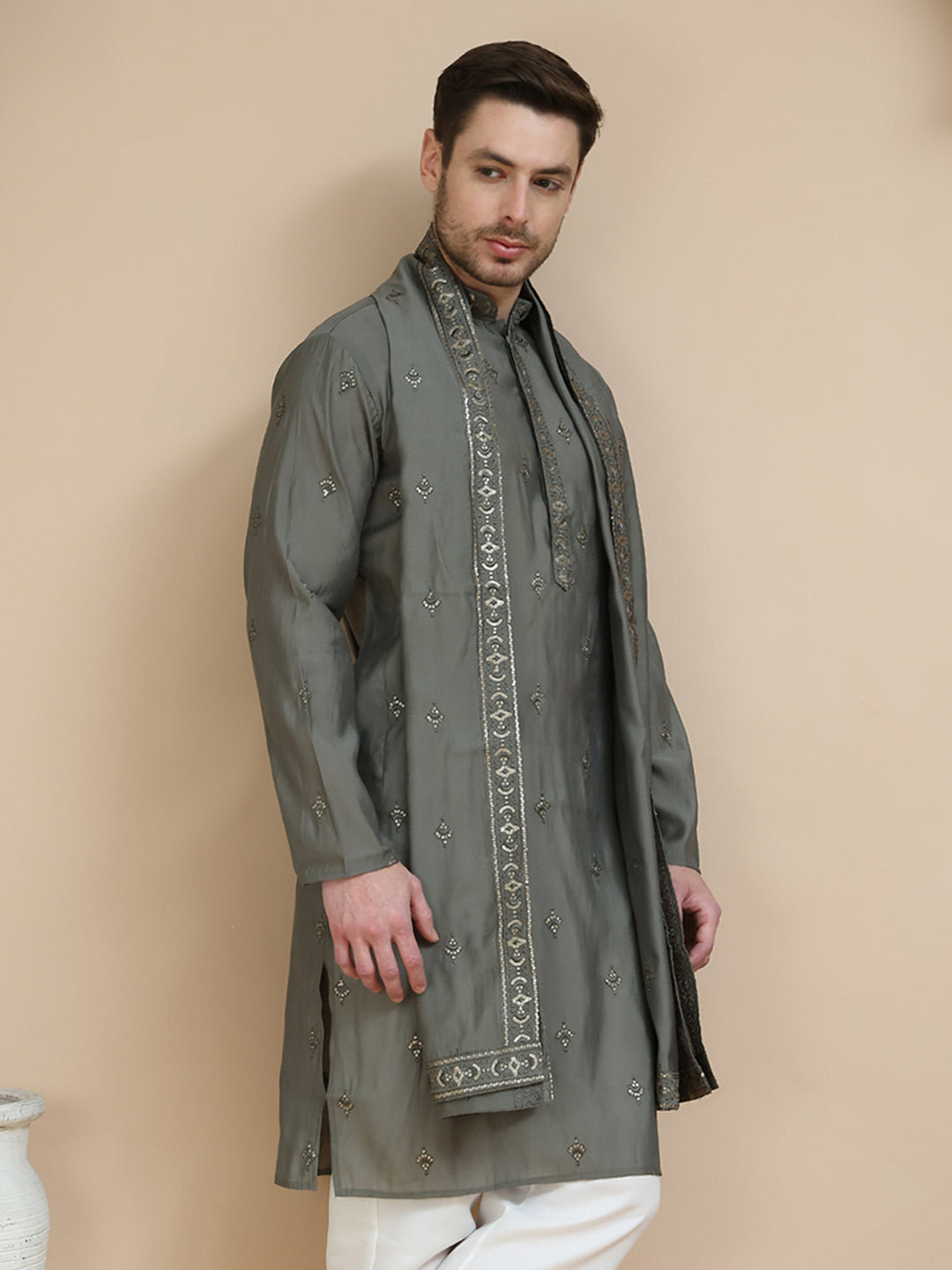 Embroidered & Sequin Kurta With Dupatta ( KO D 5088Grey ) [FF] [F1-2 & M-3-4]