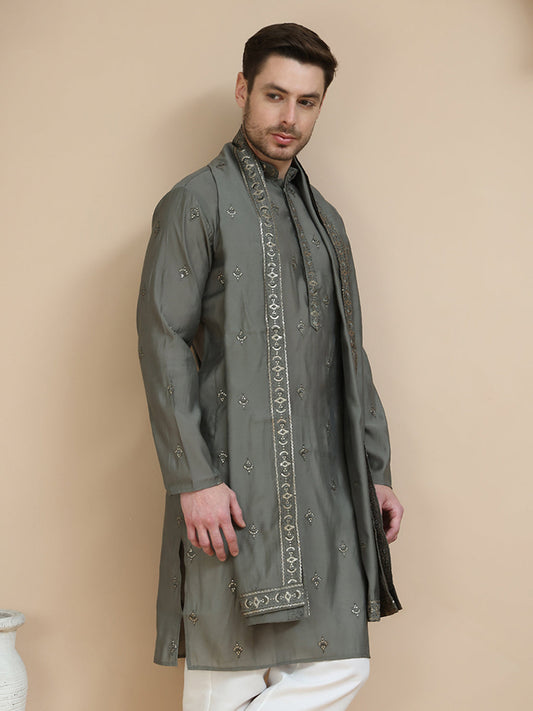 Embroidered & Sequin Kurta With Dupatta ( KO D 5088Grey ) [FF] [F1-2 & M-3-4]