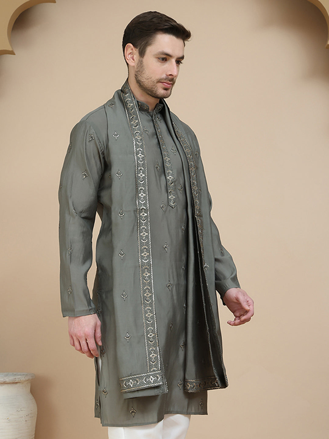 Embroidered & Sequin Kurta With Dupatta ( KO D 5088Grey ) [FF] [F1-2 & M-3-4]