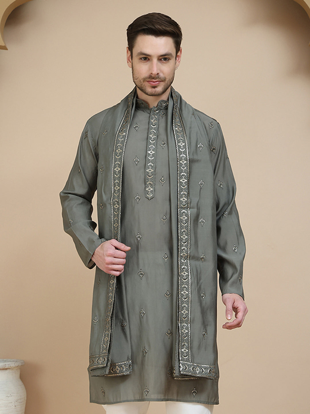Embroidered & Sequin Kurta With Dupatta ( KO D 5088Grey ) [FF] [F1-2 & M-3-4]