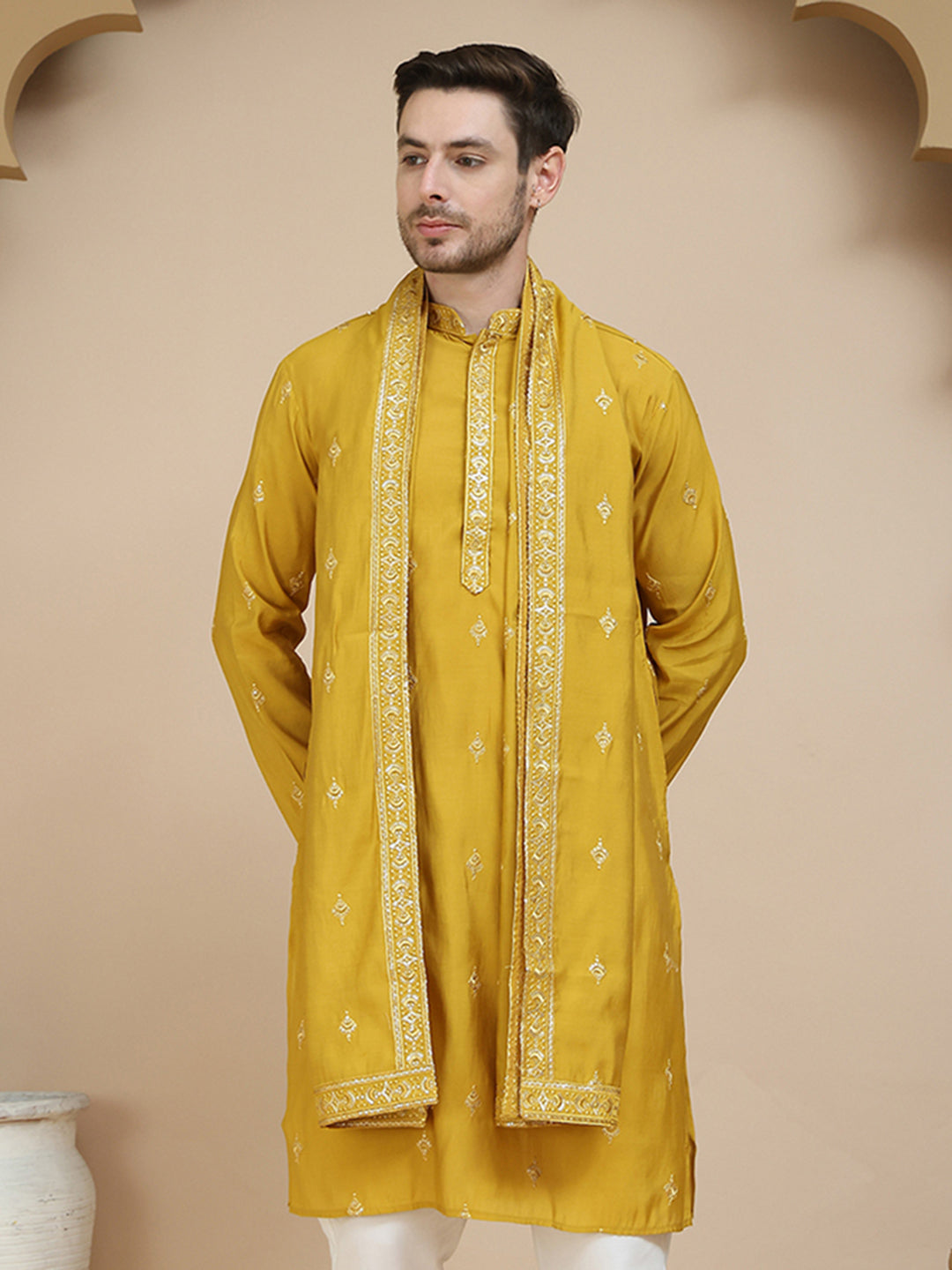 Embroidered & Sequin Kurta With Dupatta ( KO D 5088Mustard ) [FF] [F1-2 & M-3-4]