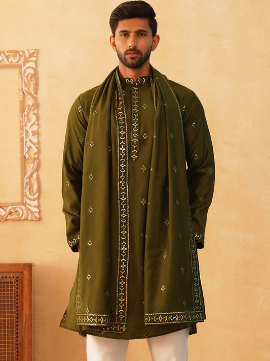 Embroidered & Sequin Kurta With Dupatta ( KO D 5088Olive ) [FF] [F1-2 & M-3-4]