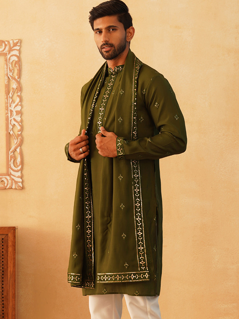 Embroidered & Sequin Kurta With Dupatta ( KO D 5088Olive ) [FF] [F1-2 & M-3-4]