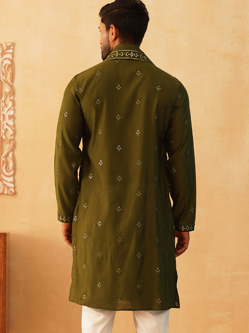 Embroidered & Sequin Kurta With Dupatta ( KO D 5088Olive ) [FF] [F1-2 & M-3-4]