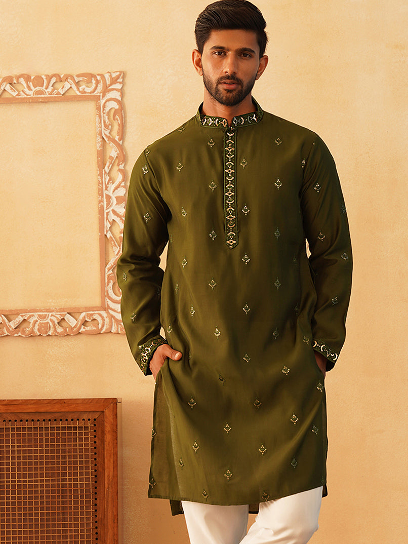 Embroidered & Sequin Kurta With Dupatta ( KO D 5088Olive ) [FF] [F1-2 & M-3-4]