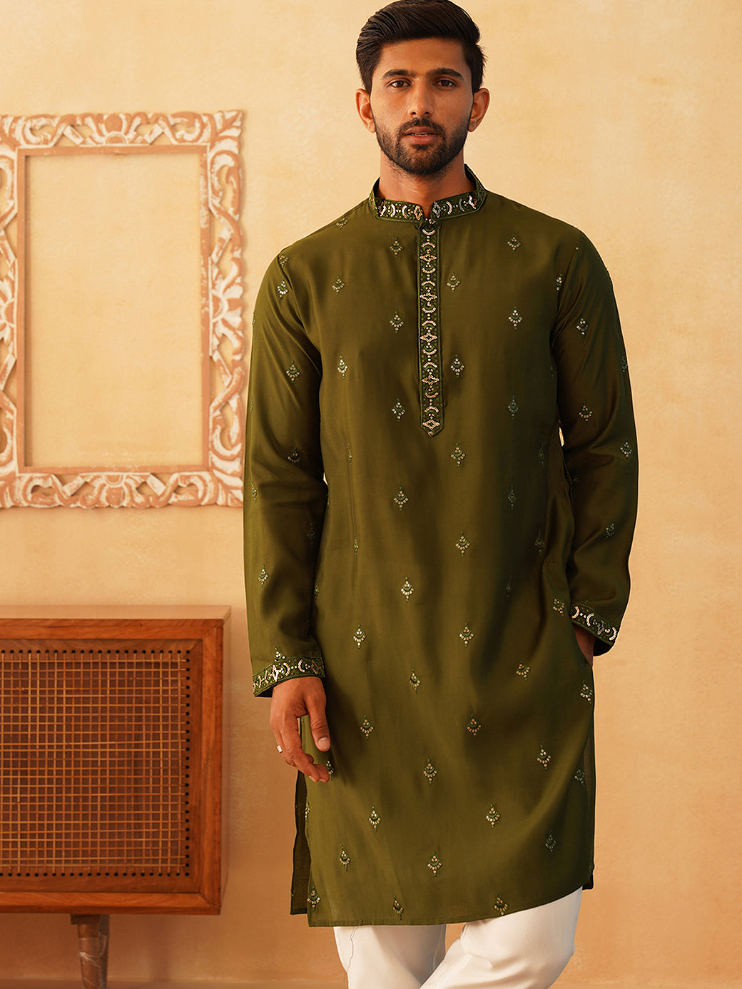 Embroidered & Sequin Kurta With Dupatta ( KO D 5088Olive ) [FF] [F1-2 & M-3-4]