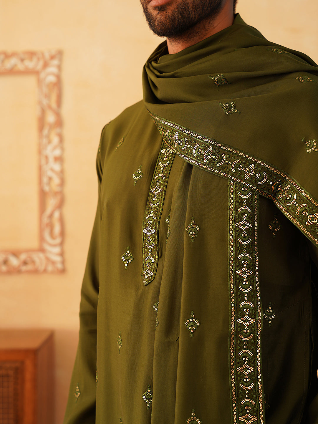 Embroidered & Sequin Kurta With Dupatta ( KO D 5088Olive ) [FF] [F1-2 & M-3-4]