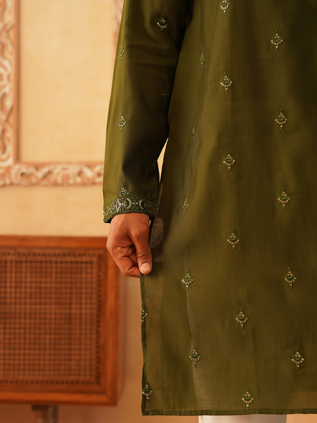 Embroidered & Sequin Kurta With Dupatta ( KO D 5088Olive ) [FF] [F1-2 & M-3-4]