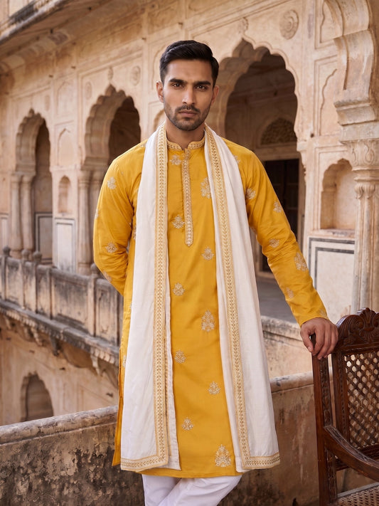 Embroidered & Sequin Kurta With Dupatta ( KO D 5091Mustard )