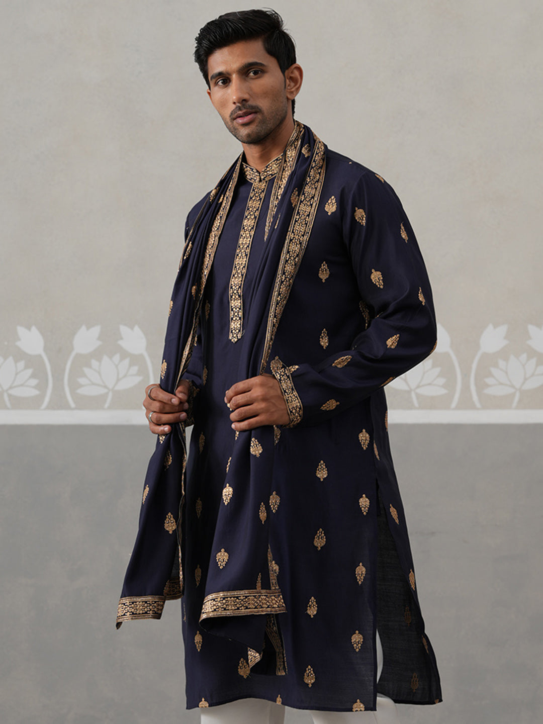 Silk Blend Embroidered Kurtas with Dupatta ( KO D 5319 D 5319Navy ) [FF] [B-3-4]