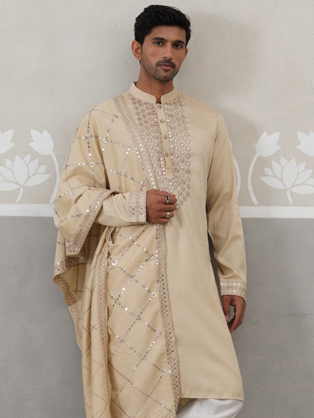 Silk Blend Sequins Embroidered Kurta with Dupatta (KO D 5320 Beige ) [FF] [Q11-12]