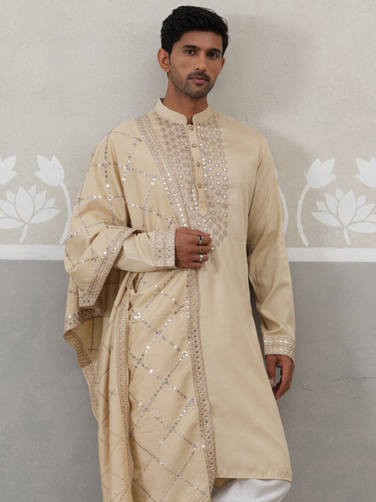 Silk Blend Sequins Embroidered Kurta with Dupatta (KO D 5320 Beige ) [FF] [Q11-12]