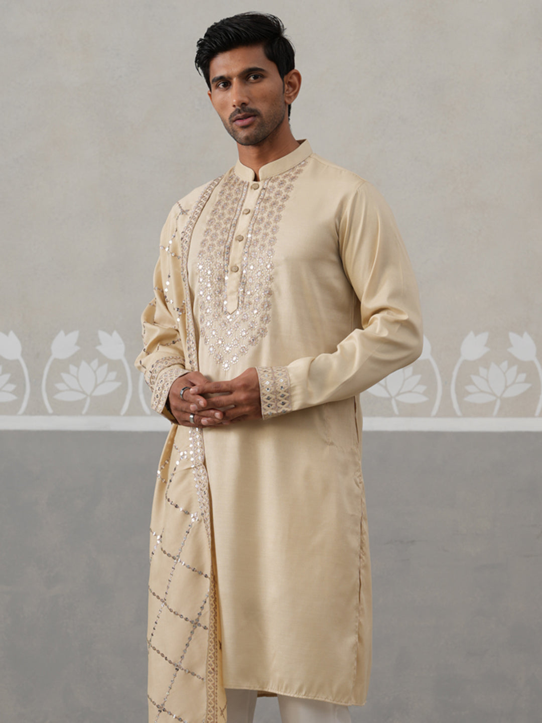Silk Blend Sequins Embroidered Kurta with Dupatta (KO D 5320 Beige ) [FF] [Q11-12]