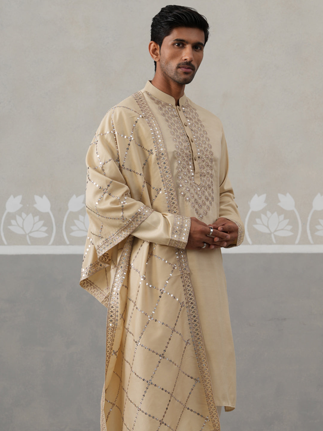Silk Blend Sequins Embroidered Kurta with Dupatta (KO D 5320 Beige ) [FF] [Q11-12]