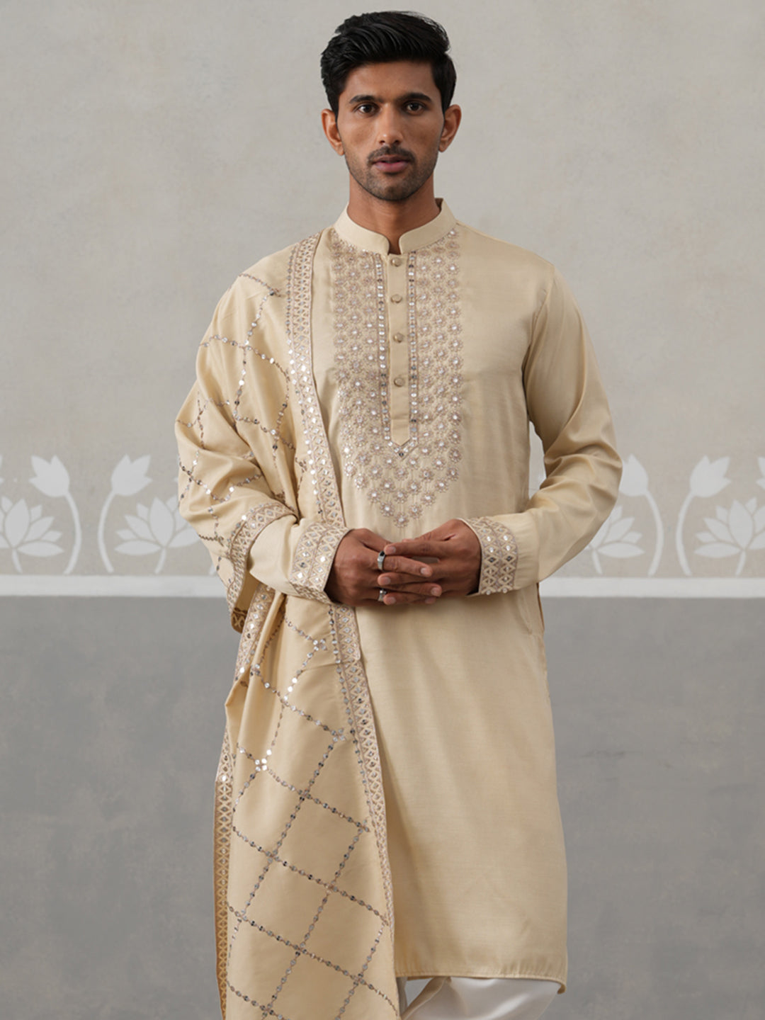 Silk Blend Sequins Embroidered Kurta with Dupatta (KO D 5320 Beige ) [FF] [Q11-12]