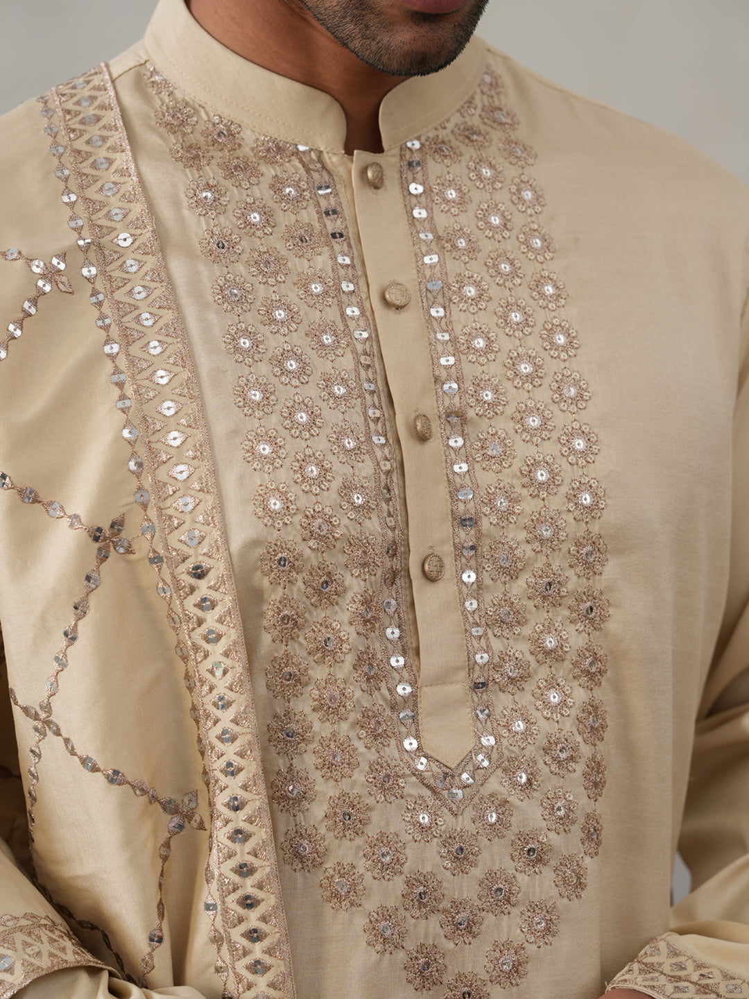Silk Blend Sequins Embroidered Kurta with Dupatta (KO D 5320 Beige ) [FF] [Q11-12]